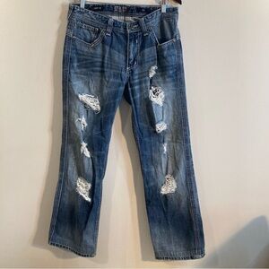 AFFLICTION Sz 33 Cooper Distressed Straight  Leg Rubber Logo Patch Jeans